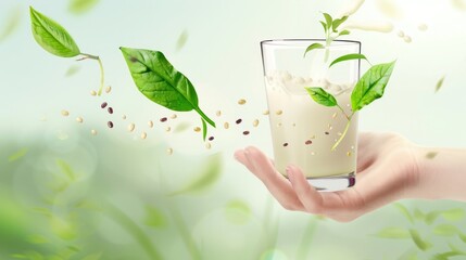Soy milk glasses in hand on isolated bright green background. Advertising banner.