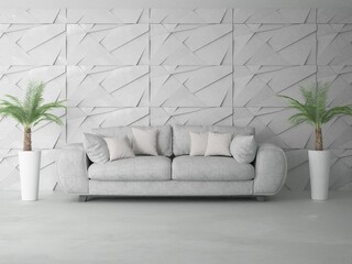 Nowoczesne jasne wnętrze pokój z wygodną  nowoczesną sofą i roślinami domowymi palmami