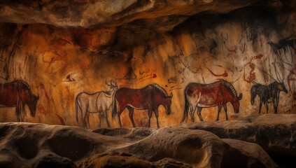 Ancient cave mural portraying prehistoric wildlife - obrazy, fototapety, plakaty