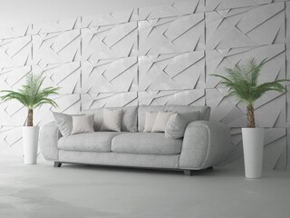 Nowoczesne jasne wnętrze salonu z wygodną  nowoczesną sofą domowymi palmami i panelami ściennymi