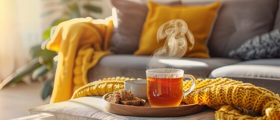 The still life of a living room interior. Sweaters and a steaming cup of tea on a serving tray on a coffee table. Breakfast over a sofa in morning sunlight. Cozy autumn or winter mood.