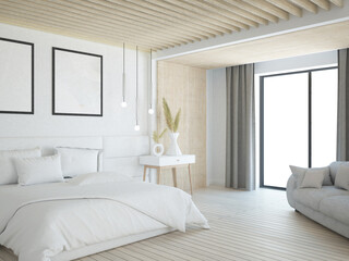 Jasna przestronna sypialnia w stylu skandynawskim z łożkiem, lamelami i dużym oknem z zasłonami