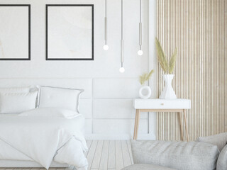 Jasna przestronna sypialnia w stylu skandynawskim z łożkiem, lamelami i dużym oknem z zasłonami - obrazy, fototapety, plakaty