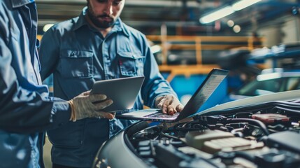 In a modern automobile repair shop, an experienced auto mechanic scans and interprets engine error codes on a laptop nearby an apprentice