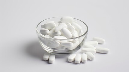 White calcium supplement pills in a clear glass bowl on a white background.