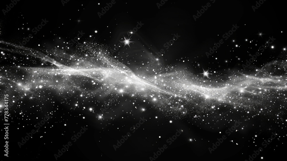 Poster Glitter sparks on a transparent background. Modern sparkles in the form of magic dust particles.