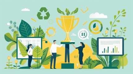 Illustration of a business achievement with sustainability, featuring people, a trophy, and eco-friendly icons. - 778344100