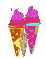 Three ice cream cones with pink and purple ice cream