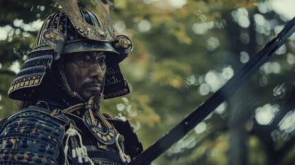 Samurai warrior gazing into distance in traditional armor. Historical Japanese culture concept with a bokeh background