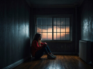 A mental health concept. A woman sitting alone by the window in the dark room - Powered by Adobe