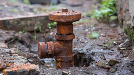 Rusty industrial pipe valve emerging from the ground. Urban decay and water infrastructure concept.