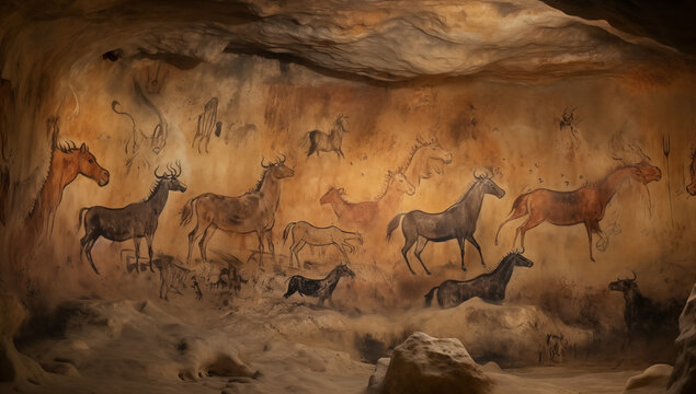 Primitive painting showing a group of horses running