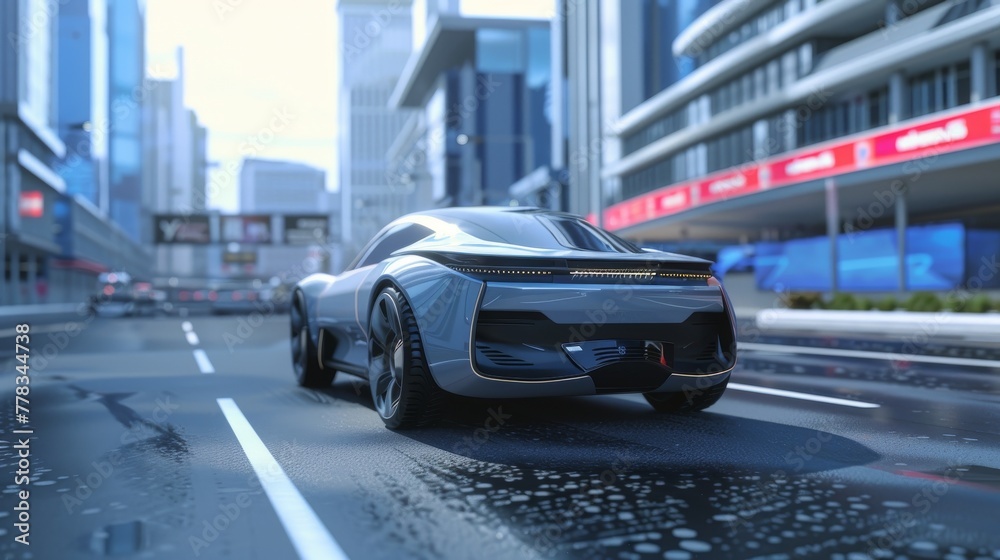 Poster the autonomous self-driving electric car changes lanes and overtakes a city vehicle in a 3d render..