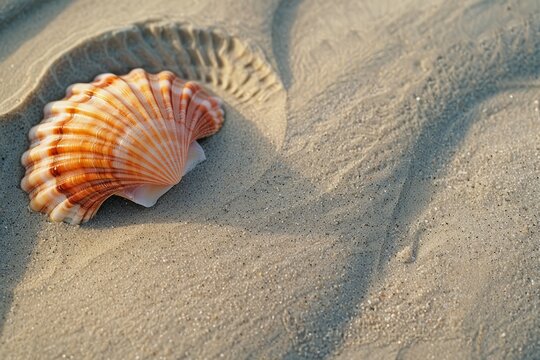 Background. a beautiful shell on the sand under the rays of the sun. the concept of travel. a place for text, advertising