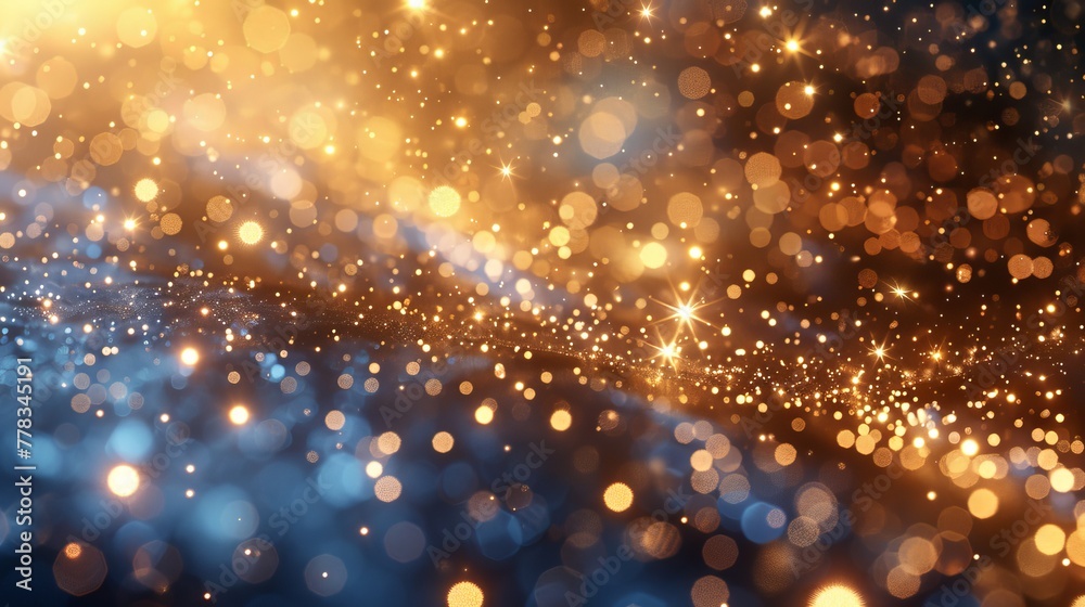Poster White sparks and golden stars sparkle on a transparent background. Christmas abstract pattern with sparkles.
