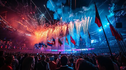 Firework display lights up the night sky over a jubilant crowd at an Olympic stadium celebration