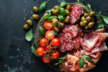 Artisan Charcuterie Board with Fresh Tomatoes, Assorted Olives, and Aromatic Herbs
