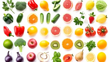 Big collection of fruits and vegetables on white background - obrazy, fototapety, plakaty
