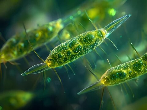Close-up of a euglena colony, focusing on the greenish hue and flagella, through differential interference contrast microscopy