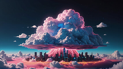 A large pink and blue thundercloud is positioned above a city, with bolts of lightning striking down onto the buildings. - obrazy, fototapety, plakaty