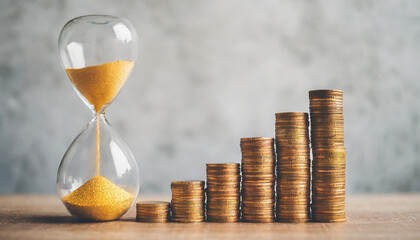 Golden coins spill from hourglass onto sand, symbolizing ROI, deposit growth, income, savings