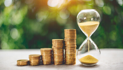 Golden coins spill from hourglass onto sand, symbolizing ROI, deposit growth, income, savings