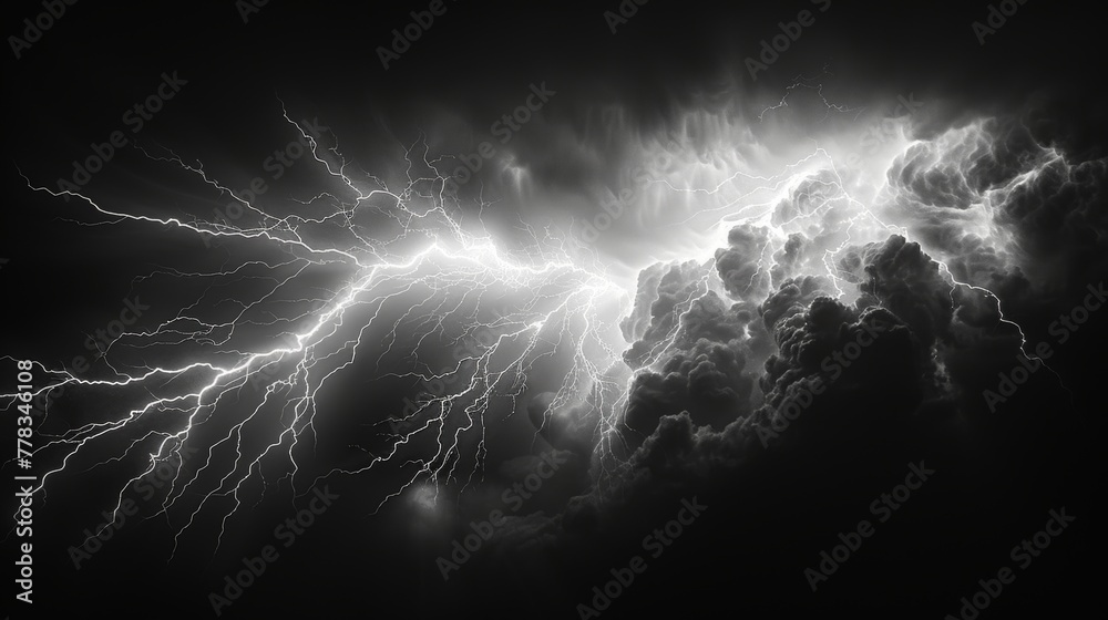 Sticker The lightning effect is realistic and isolated on a black background for use as a design element. Electricity. Natural light effect, bright glowing.