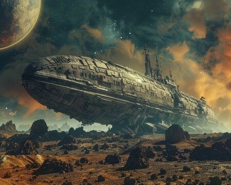 Abandoned spaceship on an alien planet, cosmic mystery