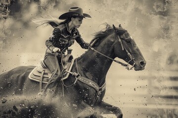 A female barrel racer in a rodeo setting accompanied by horses. Generative Ai - obrazy, fototapety, plakaty