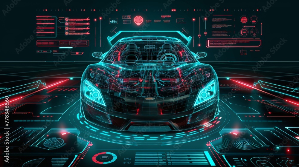 Poster hologram car style in hud, gui, ui. hardware diagnostics. futuristic car service, scanning and auto 