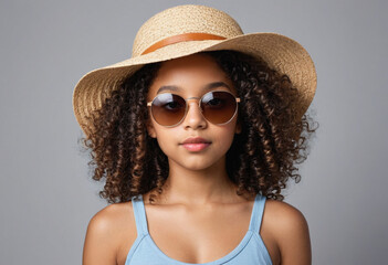 portrait of black American biracial girl with curly hair wearing a summer sun hat wearing stylish sun glasses posing on a perspective angle on a grey background - Powered by Adobe