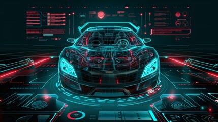hologram car style in HUD, GUI, UI. Hardware diagnostics. Futuristic car service, scanning and auto data analysis. Modern design, diagnostic auto. Digital graphics.