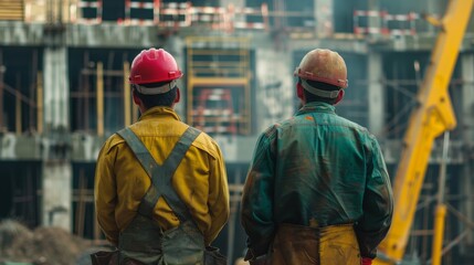 Two construction workers observing a construction site. They are wearing safety helmets and overalls: one in yellow with reflective tapes, the other in green