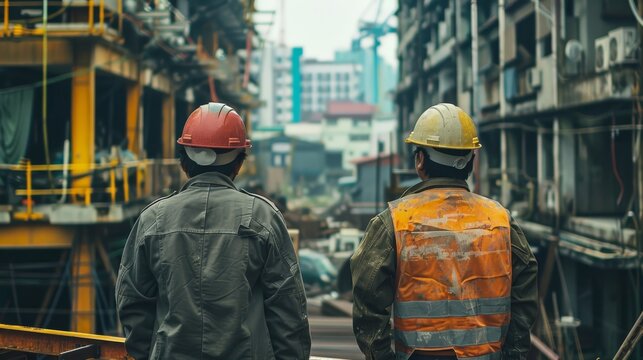 Two construction workers in protective gear observe an urban development construction site
