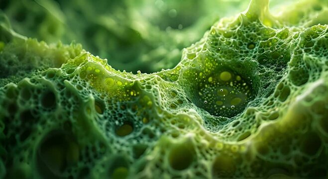 Close-up of a single greenish algae cell under a high-powered microscope, revealing intricate internal structures