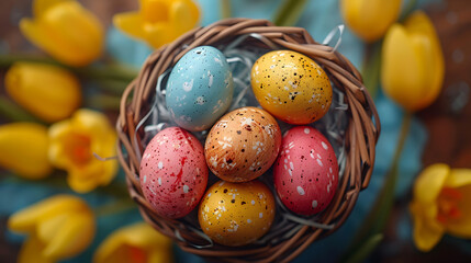 Easter template for greeting card, Easter background, Easter basket with colorful easter eggs and tulips, high resolution graphic source, 16:9, 1920*1080
