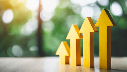 Yellow 3D arrows symbolizing upward progress and success in modern business, clean mockup template on white background