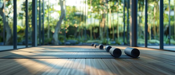 The yoga mats are unrolled on the wooden floor of the fitness center, nobody is in the class, there are comfortable spaces for fitness exercises, and the class room has lots of windows. - obrazy, fototapety, plakaty