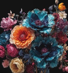 painting of colorful flowers against a black background.