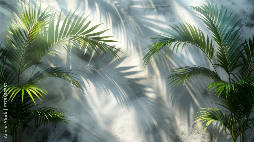Poster The modern has shadow overlays on a transparent background. Contains transparent shadows of palm leaves and leaves.
