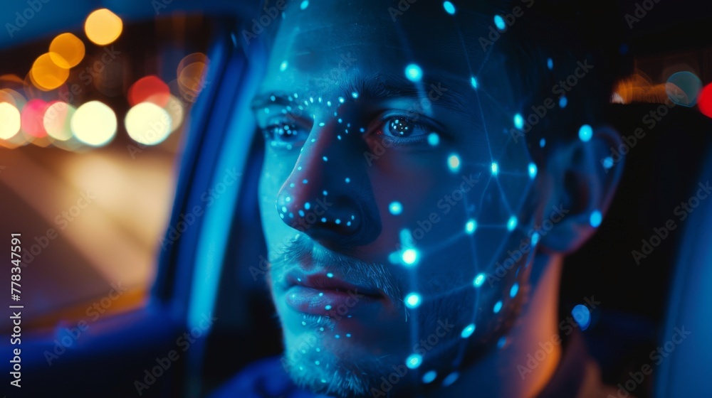Poster face detection. modern 3d scanning. biometric facial recognition. face id. technology scanning the f