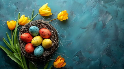 Fototapeta na wymiar Easter background, Easter basket with colorful easter eggs and tulips, high resolution graphic source, 16:9, 1920*1080