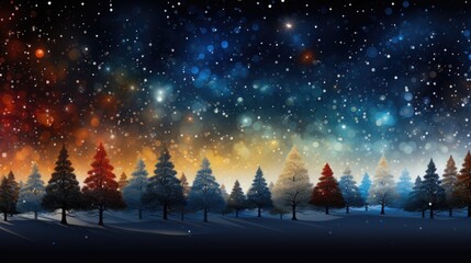Cosmic Winter Night, Vibrant cosmic skies over silhouetted pine trees on a peaceful winter night, merging nature with the universe