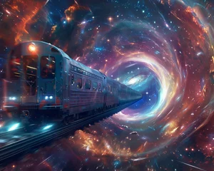 Kussenhoes An interstellar train traveling through a wormhole, connecting distant galaxies with vibrant, cosmic landscapes visible from its windows © Shutter2U