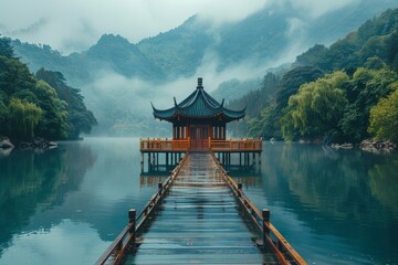 Lake's picturesque and peaceful landscape in China.