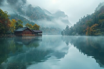 Lake's picturesque and peaceful landscape in China.