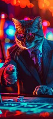 Suited cat with glasses at a roulette in a neon-lit casino, its anger contrasting with the colorful, vibrant background