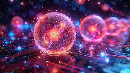 An abstract visualization of a quantum computing matrix, showcasing entangled qubits as luminous orbs interconnected by beams of pulsating light. - obrazy, fototapety, plakaty