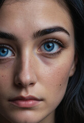 Fototapeta premium A close up of blue eye looking away, black hair above eye brows, dark room, mean gritty