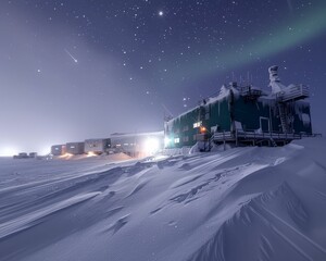 Arctic base under aurora skies, cold frontier of science